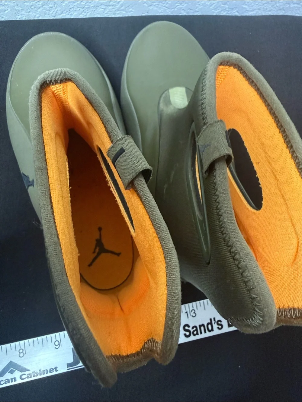 Jordan Kids Olive Green Slip-On Rain Boots with Orange Accent size 12c